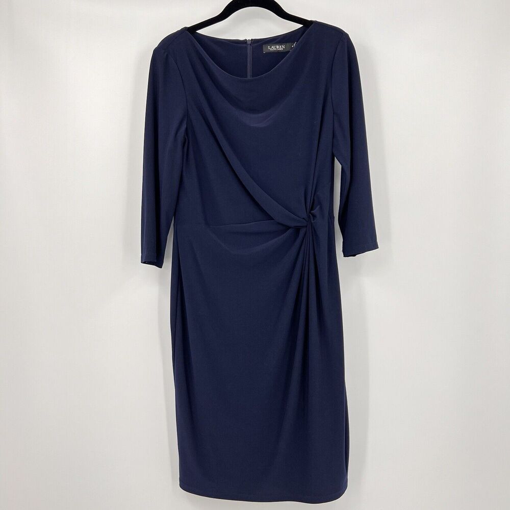 Lauren Ralph Lauren Black Label Sheath Dress Navy Twist Front 3/4 Sleeves Size 6